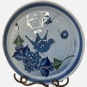 Vintage Tonala Mexico Stoneware Hand Painted Signed Birds Butterflies Plate
